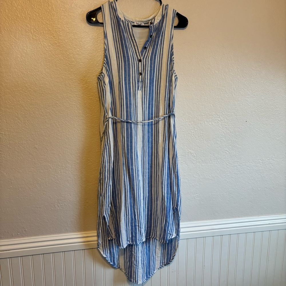 Medium Blue and White Striped Sleeveless High-Low Dress